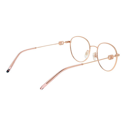 Tommy Hilfiger Gold Stainless Steel Glasses (Frames) for women, full-rim, gold color, panto style, demo lenses, size 50-0-140.