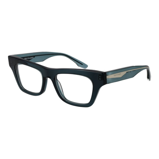 Trussardi Blue Acetate Glasses (Frames) for women, full-rim rectangular style with blue acetate frame and demo lenses.