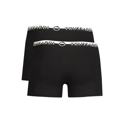 Trussardi Black Cotton Underwear, bi-pack boxer with elastic waist and printed logo, front view.