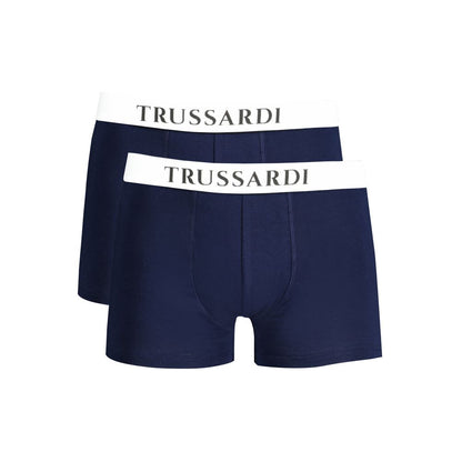 Trussardi Blue Cotton Underwear, bi-pack boxer with elastic waist and logo print, basic style.