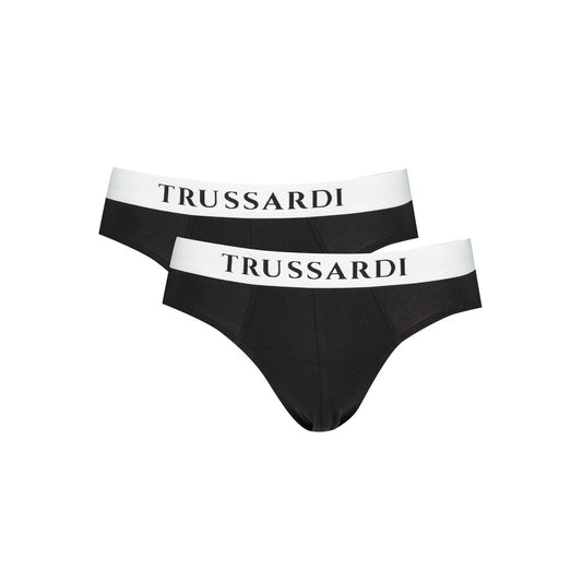 Trussardi Black Cotton Underwear slip with elastic waistband and logo, basic bi-pack design for comfort and style.