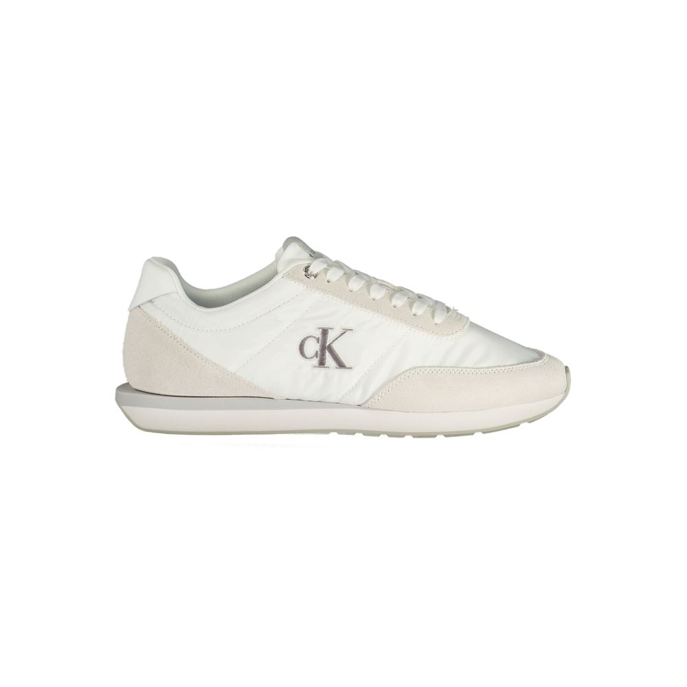 Calvin Klein White Polyester Men Sneaker with grey accents, removable footbed, and iconic logo embroidery.