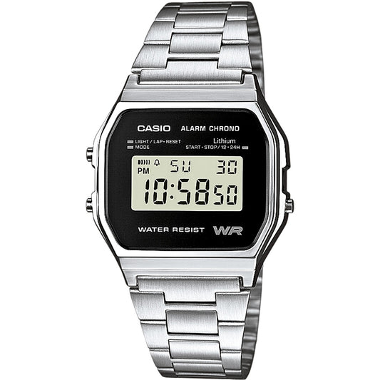 CASIO VINTAGE Mod. ICONIC - BLACK unisex wristwatch with metal strap, resin case, quartz movement, multifunction features, and 3 ATM water resistance.