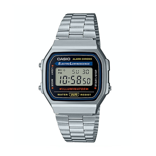 CASIO VINTAGE Mod. ICONIC - CLASSIC SILVER unisex quartz wristwatch with multifunction features, silver metal strap, and 3 ATM water resistance.
