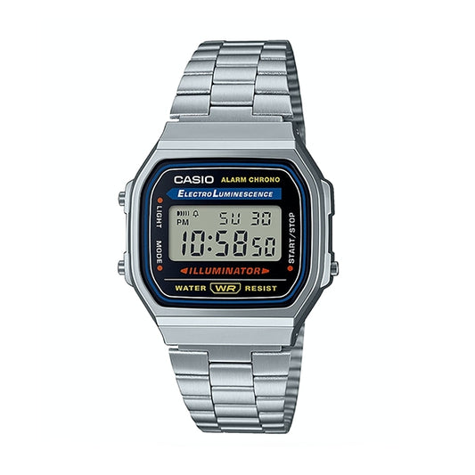 CASIO VINTAGE Mod. ICONIC - CLASSIC SILVER unisex quartz wristwatch with multifunction features, silver metal strap, and 3 ATM water resistance.