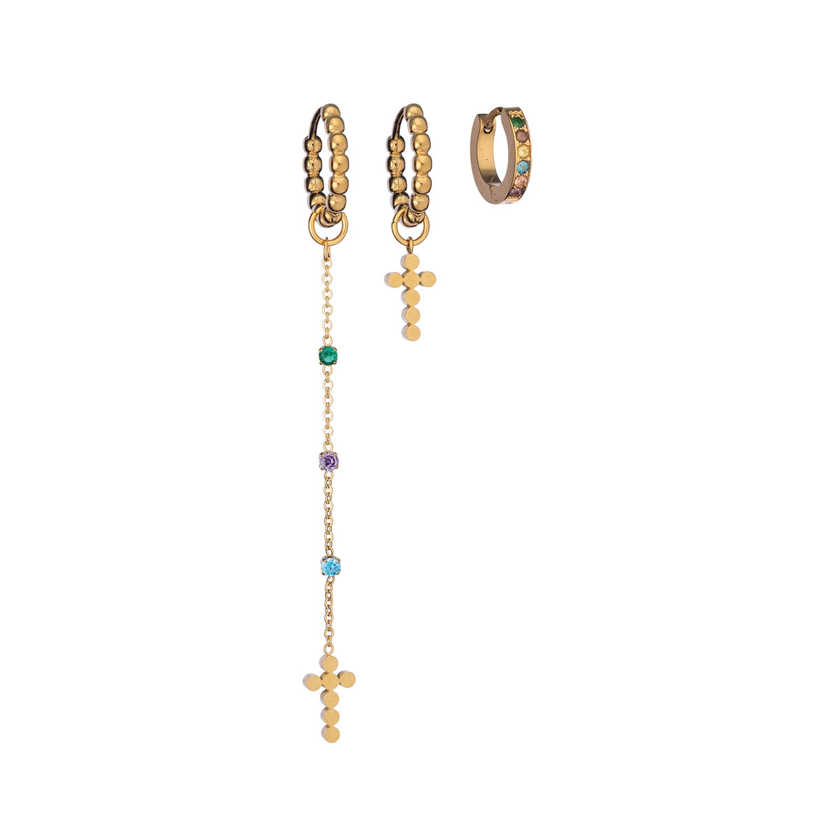 AN JEWELS JEWELRY Mod. AB.EP014 gold earrings set with cross pendants and colorful gemstones, elegant accessory view
