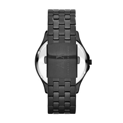 Back view of A|X ARMANI EXCHANGE Mod. HAMPTON wristwatch with stainless steel bracelet and 5 ATM water resistance.