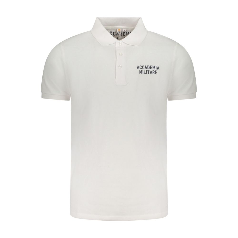 Accademia Militare White Cotton Polo Shirt with short sleeves, contrast details, 3 buttons, and logo print.
