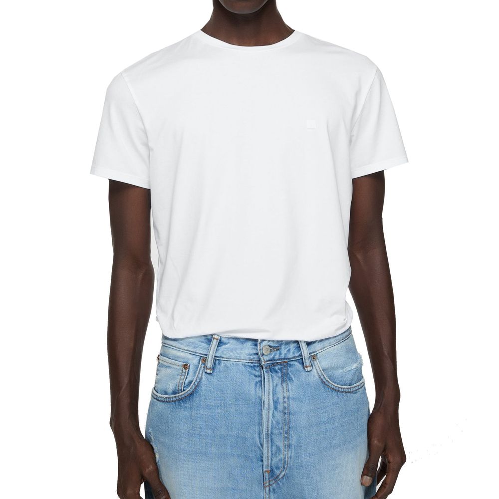 Acne Studios White Cotton T-Shirt with face logo, regular unisex fit, short sleeves, modeled by person wearing size M, made in Portugal.