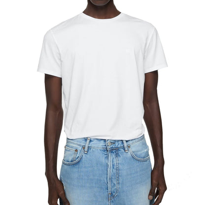 Acne Studios White Cotton T-Shirt with face logo, regular unisex fit, short sleeves, modeled by person wearing size M, made in Portugal.