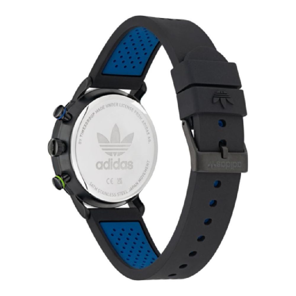 Adidas Black Synthetic Sport Watch with quartz mechanism, analog display, stainless steel case, silicone strap, and stopwatch function.