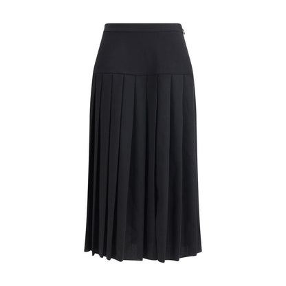 Alessandra Rich Black Fleece Wool Midi Skirt with pleats and side zipper, elegant design for sophisticated autumn winter looks.