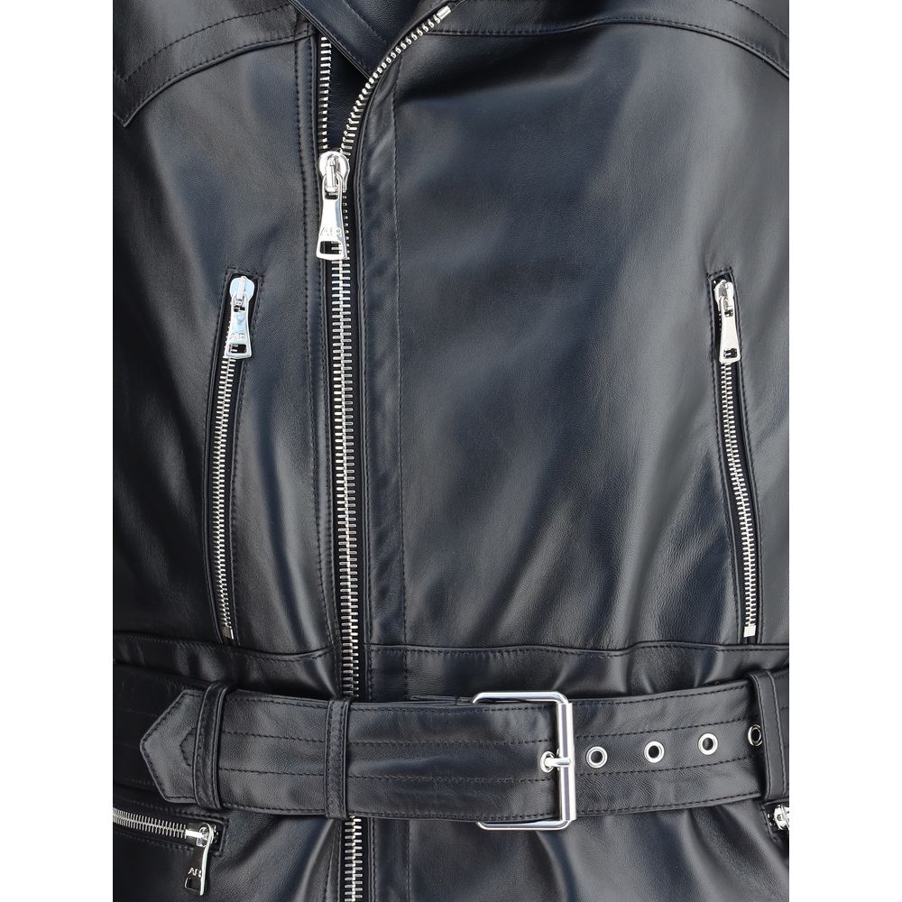 Close-up of Alessandra Rich Black Leather Biker Jacket with zippers and belt detail.
