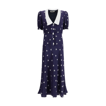 Alessandra Rich Blue Silk Casual Dress with bow pattern, puff sleeves, and wide collar for a vintage-inspired look.