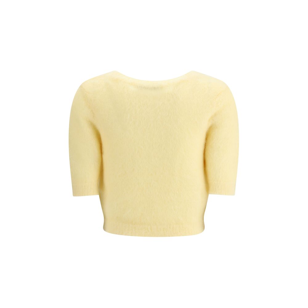 Back view of Alessandra Rich Yellow Mohair Sweatshirt with short sleeves, round neckline, and ribbed hemline for a sophisticated look.