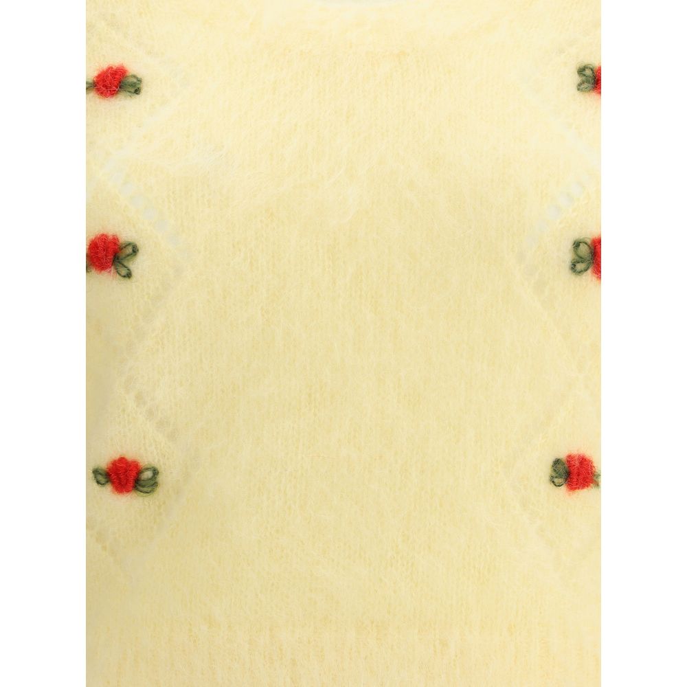 Alessandra Rich Yellow Mohair Sweatshirt with embroidered flowers and fine openwork details, featuring a round neckline and ribbed hemline.