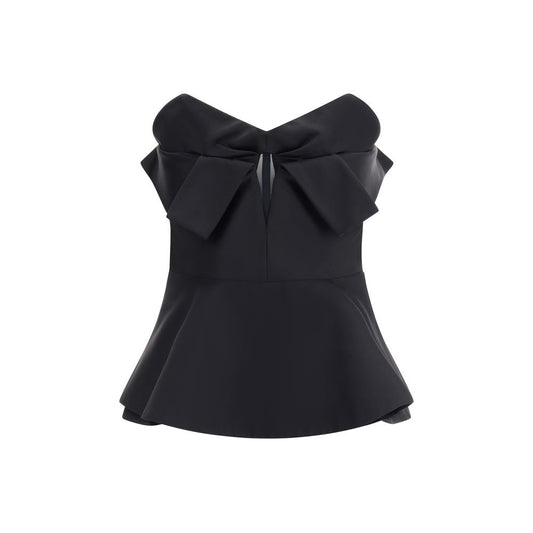 Alexander McQueen Sleeveless corset Top in shiny fabric with peplum and bow detail, featuring back zipper closure for AW25 season.
