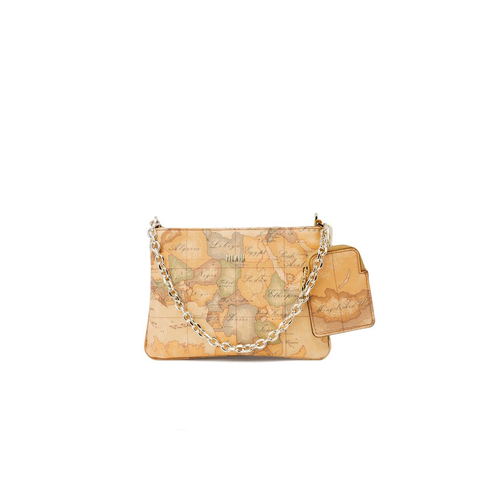 Alviero Martini Prima Classe Beige Leather Handbag with geographic print and dual-tone metal chain, small elegant women's accessory.