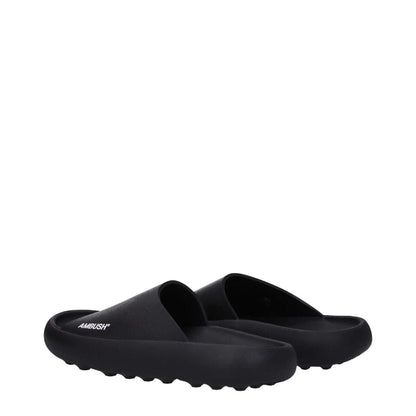 Ambush Black Cotton Slippers with open toe and side logo, designed with rubber materials and sole, street style footwear.