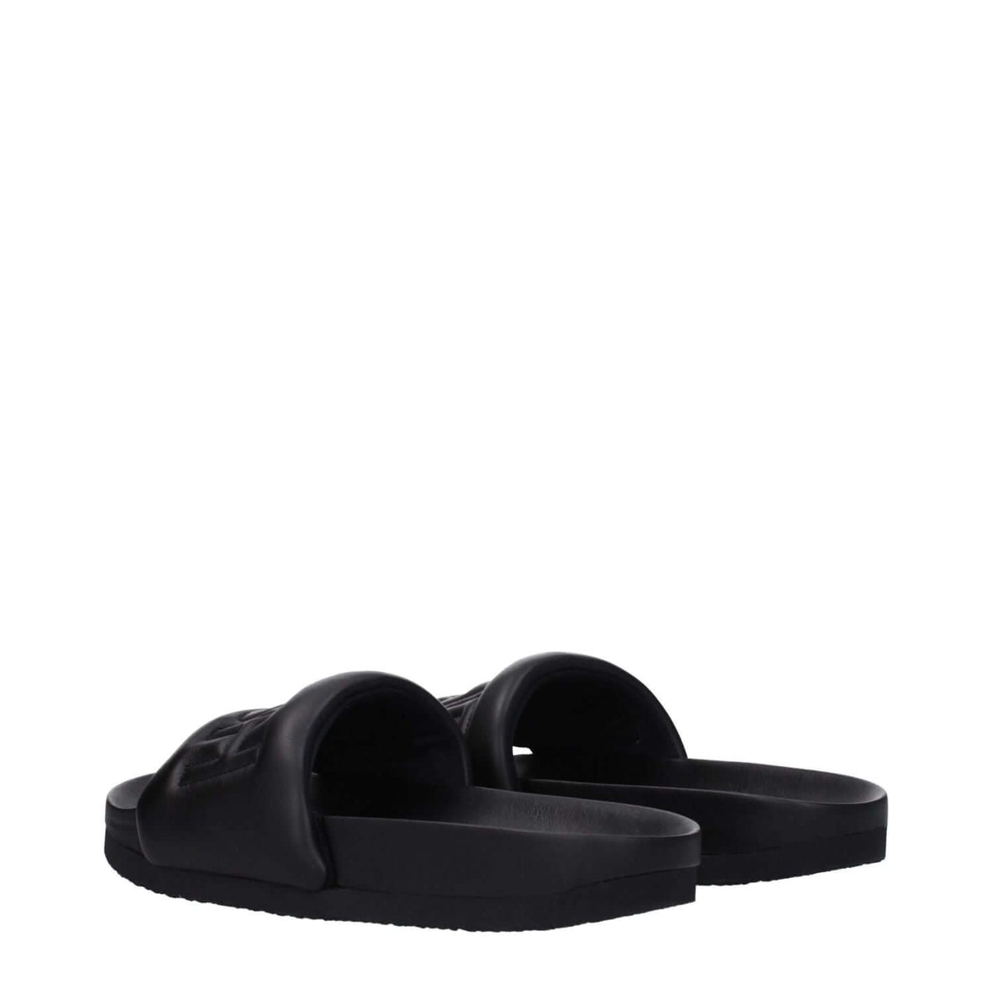 Ambush Black Leather Slippers with open toe and rubber sole, featuring a front logo design, model BMIC001LEA0011000.