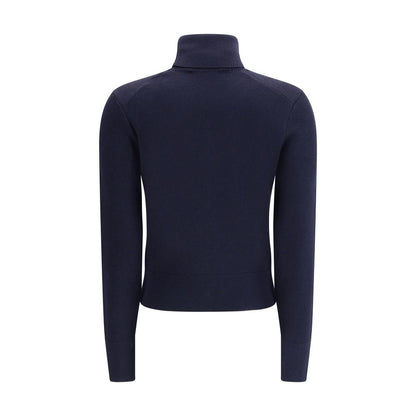 Back view of Ami Paris Blue Merino Wool Turtleneck with ribbed collar, cuffs, and hem, featuring embroidered logo for a polished look.