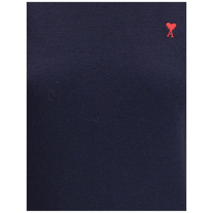 Close-up of Ami Paris Blue Merino Wool Turtleneck featuring ribbed texture and iconic embroidered logo for a stylish look.