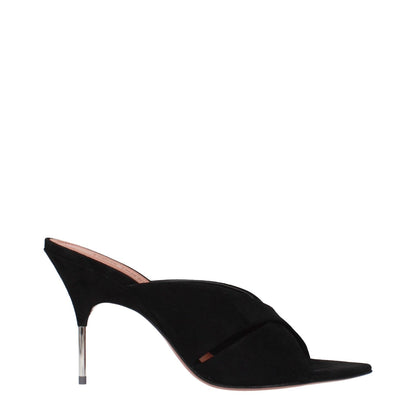 Amina Muaddi Black Leather Stiletto Heel Sandals with sleek design and high heel.