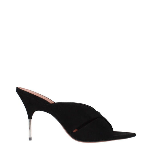 Amina Muaddi Black Leather Stiletto Heel Sandals with sleek design and high heel.