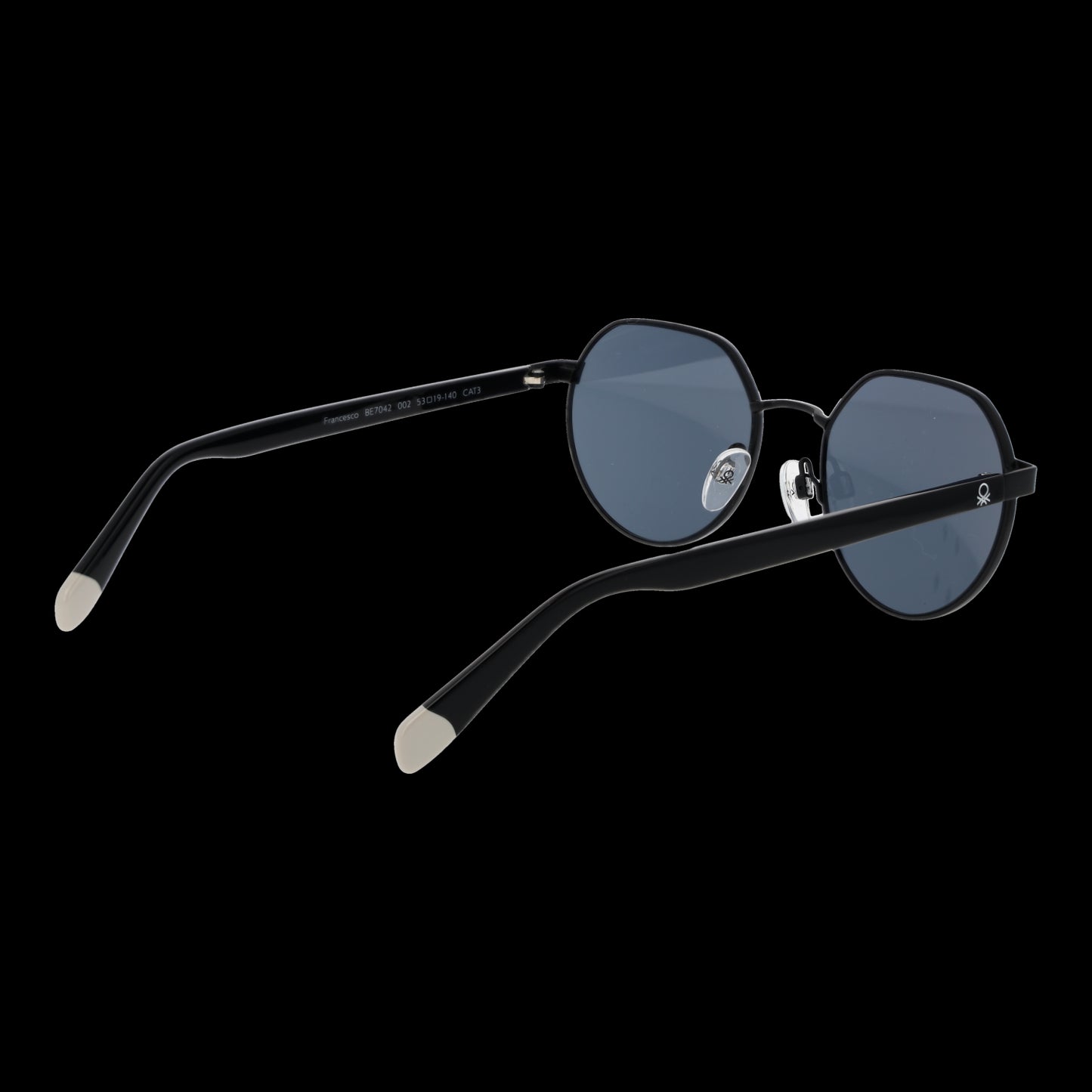 BENETTON MOD. BE7042 53002 gent sunglasses showcasing side view with black frame and blue lenses.