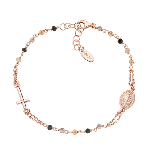 AMEN JEWELRY Mod. BRO10RMMM3 rose gold religious bracelet with cross and medallion details.