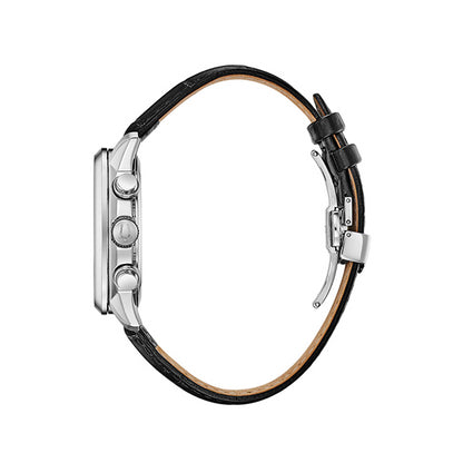 Side view of BULOVA WATCHES Mod. 96B310 with black leather strap and stainless-steel case