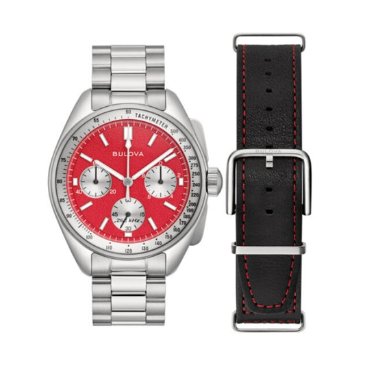 BULOVA WATCHES Mod. 96K115 with red dial and interchangeable black leather strap.