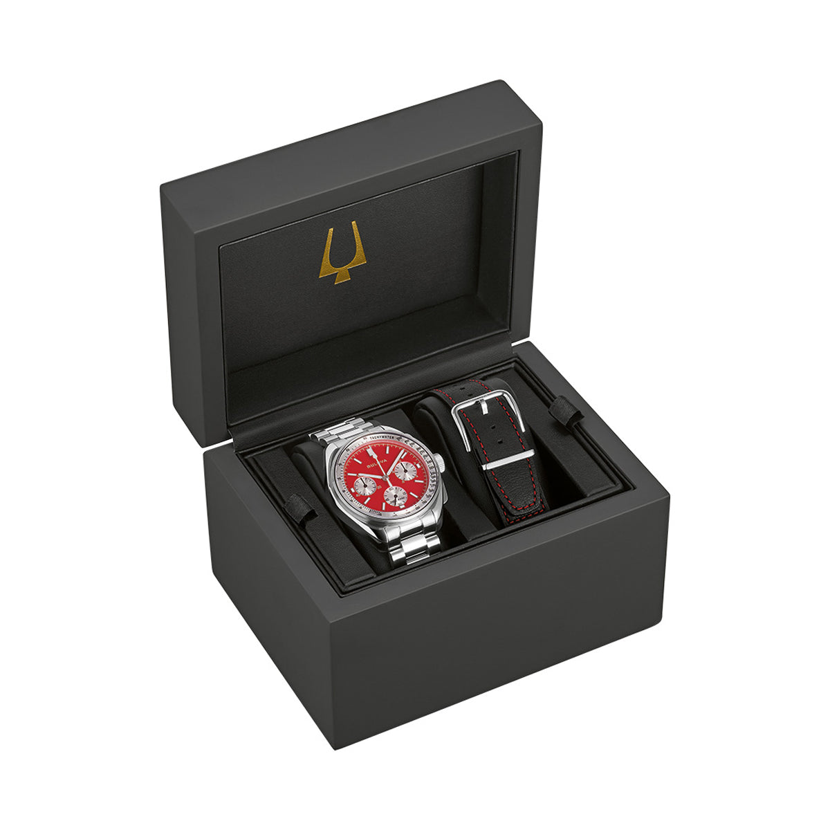 BULOVA WATCHES Mod. 96K115 in box with red dial and leather strap, elegant design.