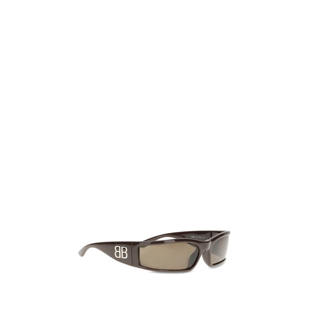 Balenciaga Brown Acetate Sunglasses with rectangular shape and metallic logo on temples, featuring eco-friendly bio nylon lenses.