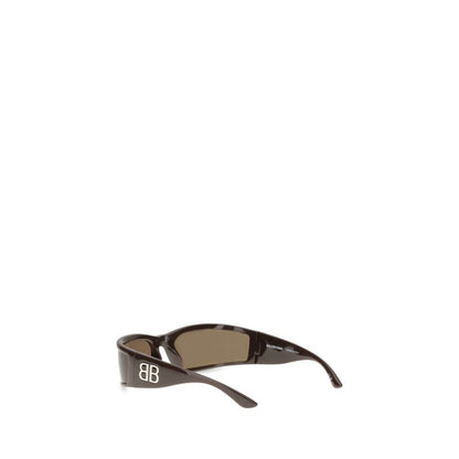 Balenciaga Brown Acetate Sunglasses with metallic logo on temples, featuring a modern rectangular shape and bio nylon lenses for AW25.