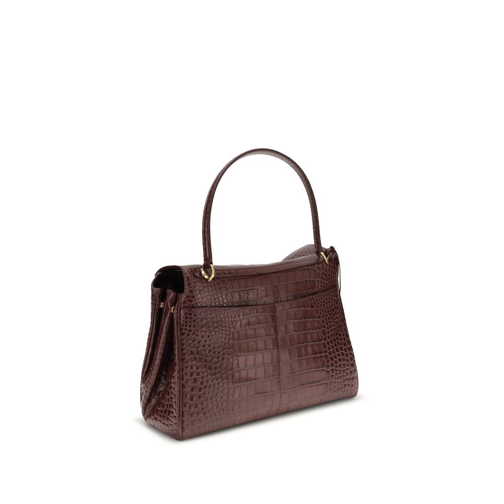 Balenciaga Brown Calf Leather Bos Taurus Handbag with crocodile-effect design, single top handle, and dual compartments.