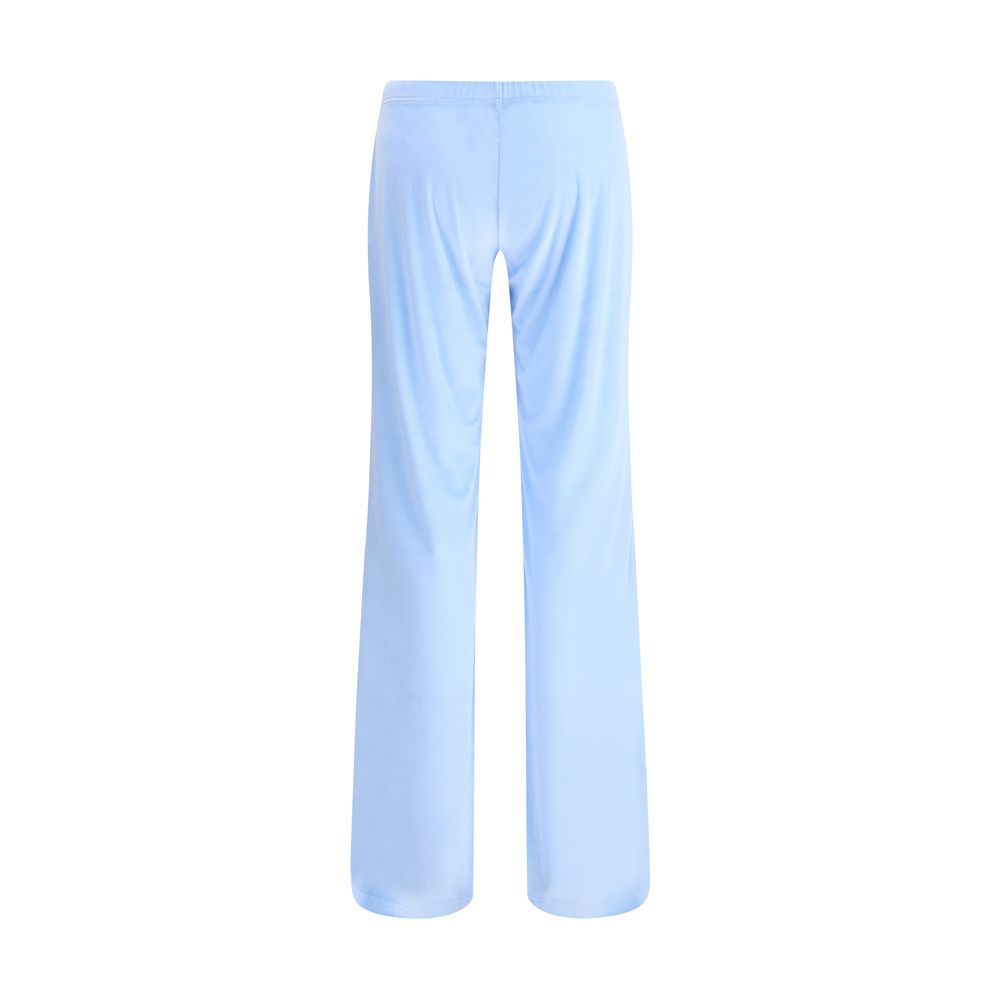 Balenciaga Light Blue Triacetate Casual Pants, featuring a low elasticated waist and flare leg, perfect for a stylish and comfortable look.