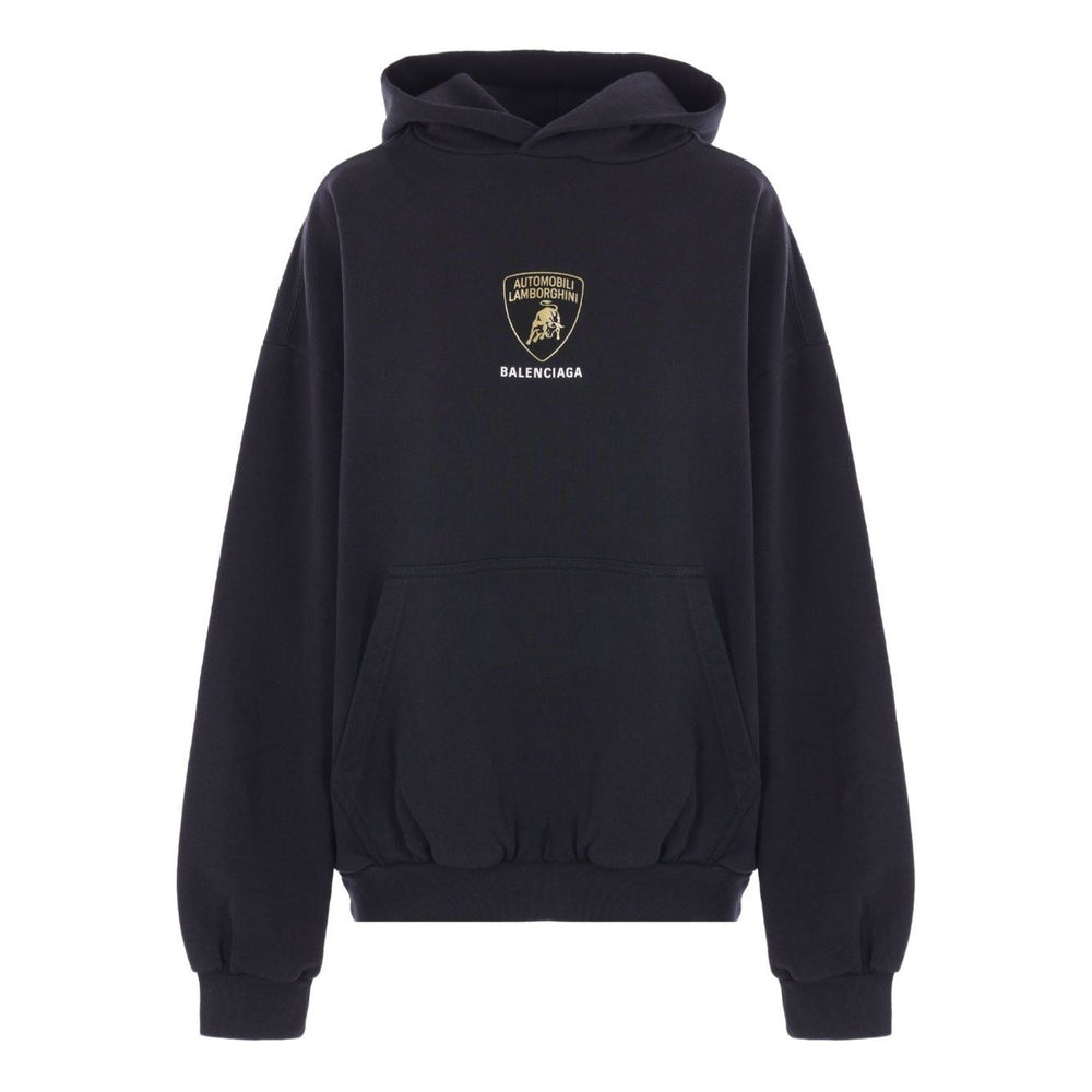 Balenciaga Sweaters Black with Lamborghini Shield, kangaroo pocket, long sleeves, ribbed trims, cotton jersey hoodie.