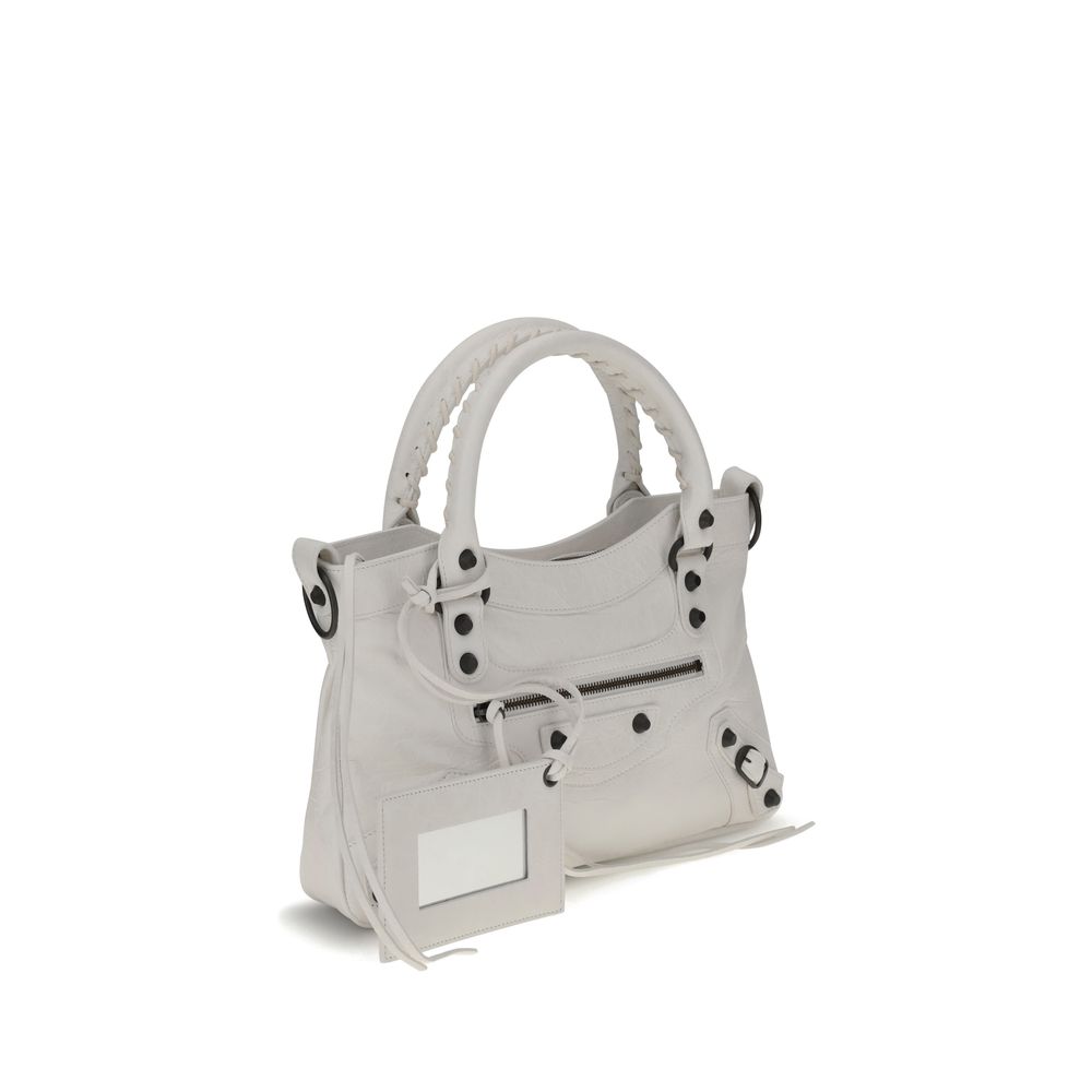 Balenciaga White Calf Leather Bos Taurus Handbag with brass hardware and woven handles.