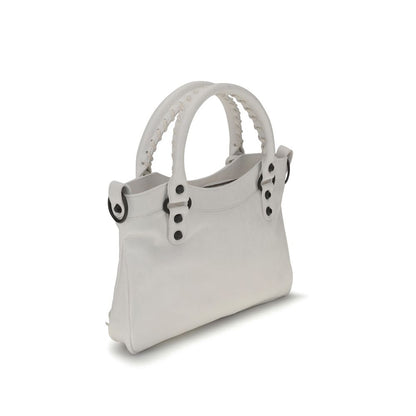 Balenciaga White Calf Leather Bos Taurus Handbag with woven handles and brass hardware.