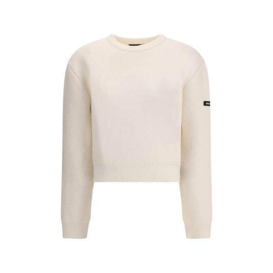 Balenciaga White Wool Sweatshirt with logo patch on sleeve, crew neck, dropped shoulders, and ribbed hem and cuffs for a stylish look.