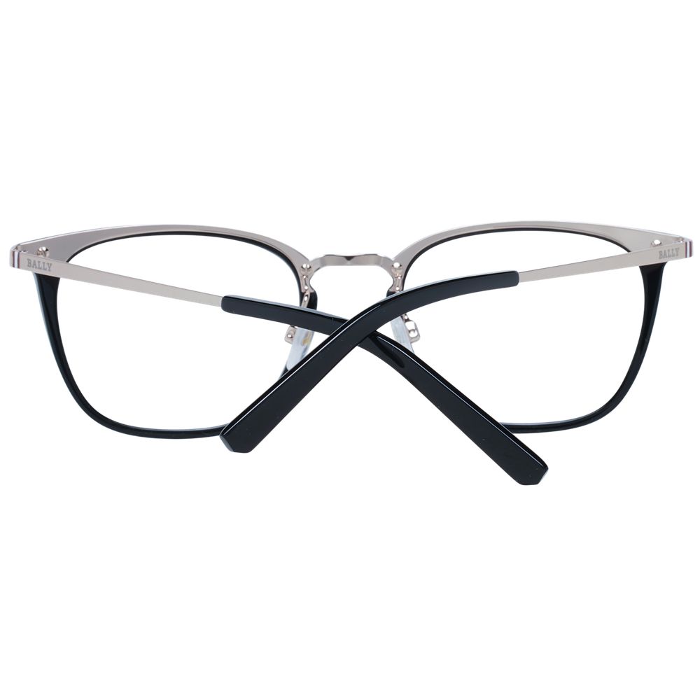 Bally Black Men Glasses Frame, full-rim metal trapezium style, black color, demo plastic lenses, size 53-21-145, with branded case.