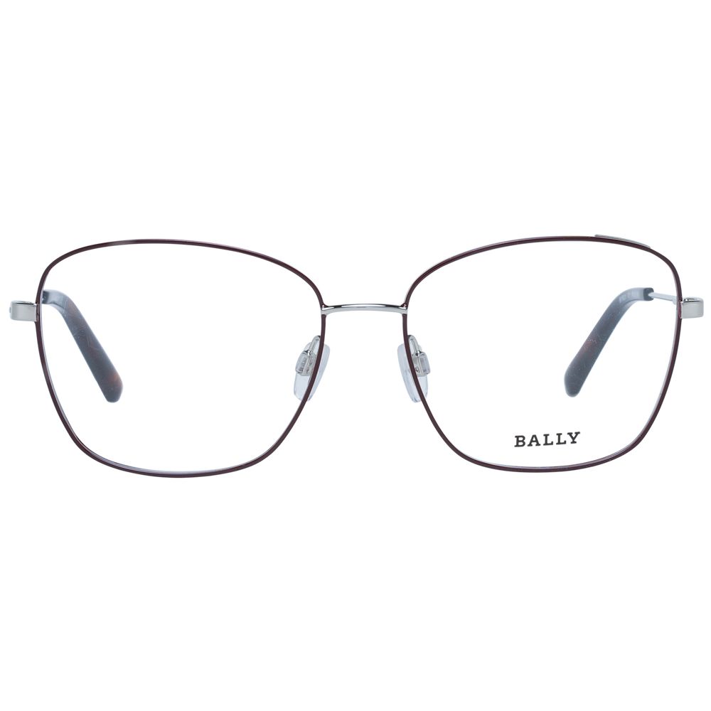 Bally Burgundy Women Optical Frames - Square full-rim metal design with demo plastic lenses, shown with branded case.