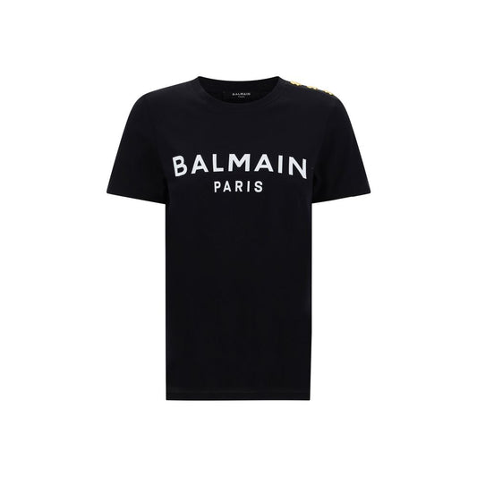 Balmain Black Cotton T-Shirt with white logo print, ribbed crew neck, and embossed buttons on left shoulder.