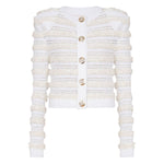 Balmain Long-sleeved tweed-effect knit cardigan in white with front button fastening, ribbed trim, and crew neck style.