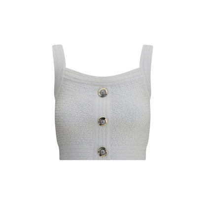Balmain White Polyamide Top featuring a square neckline, thick straps, and embossed buttons in iconic tweed. Slim fit for AW25 season.
