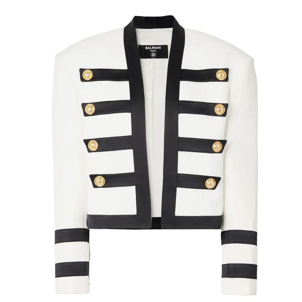 Balmain White Viscose Women Blazer with gold buttons, showcasing chic French design and opulent sophistication.