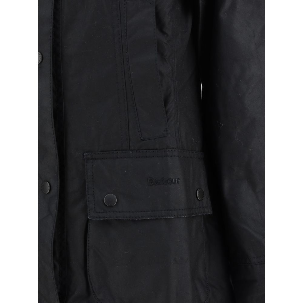 Barbour Black Cotton Coat with zip, ribbed collar, patch pockets, tartan lining, iconic monogram, and adjustable vents.