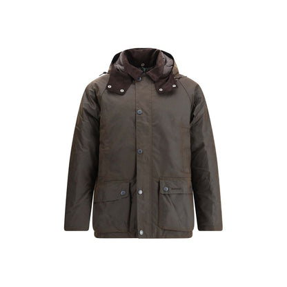 Barbour Brown Cotton Rain Coat with corduroy collar and adjustable hood, front zipper, snap closure, and multiple pockets.