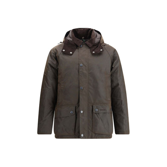 Barbour Brown Cotton Rain Coat with corduroy collar and adjustable hood, front zipper, snap closure, and multiple pockets.
